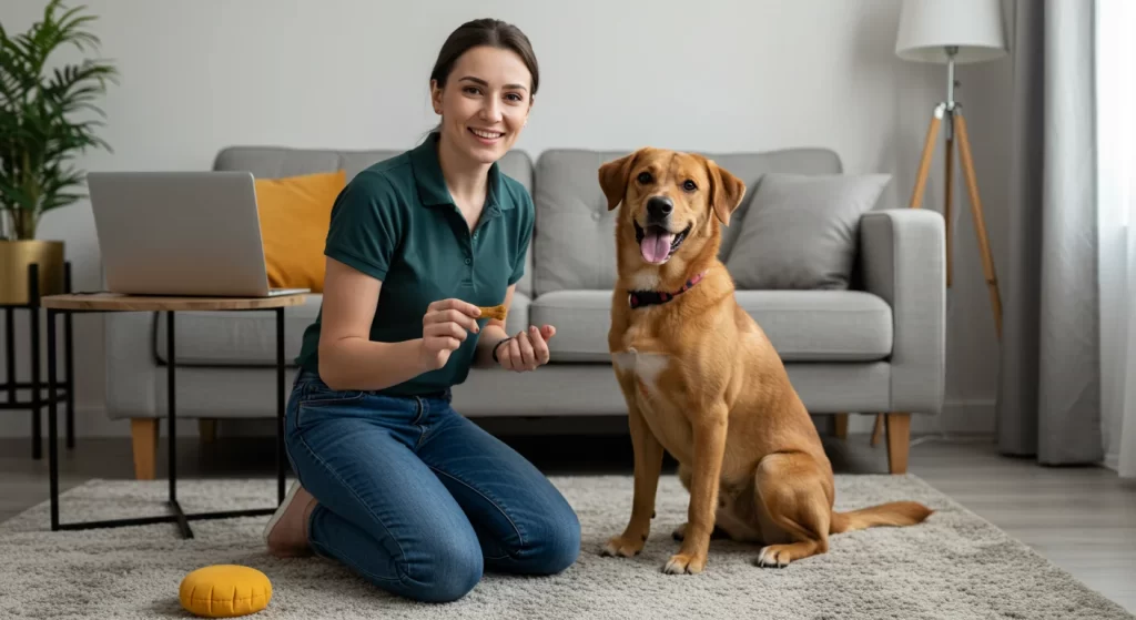 Girl smiling with tablet showing Course next to her calm dog on the sofa, cheerful and peaceful environment.